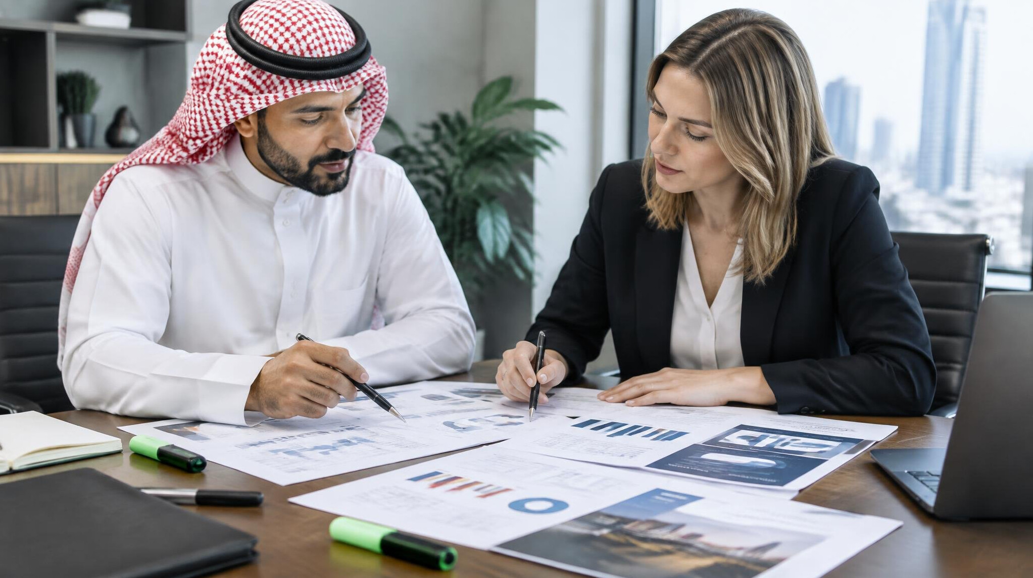 Team comparing competitor reports on a conference table