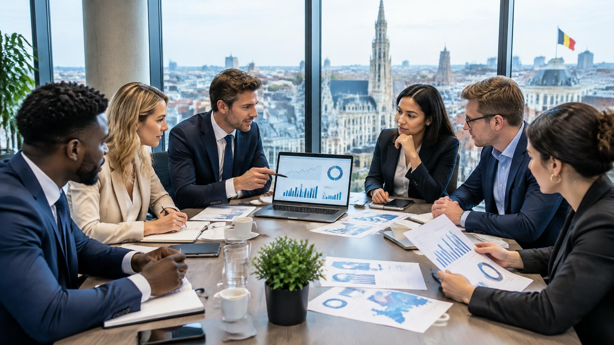 Belgian business team discussing market strategy around a table