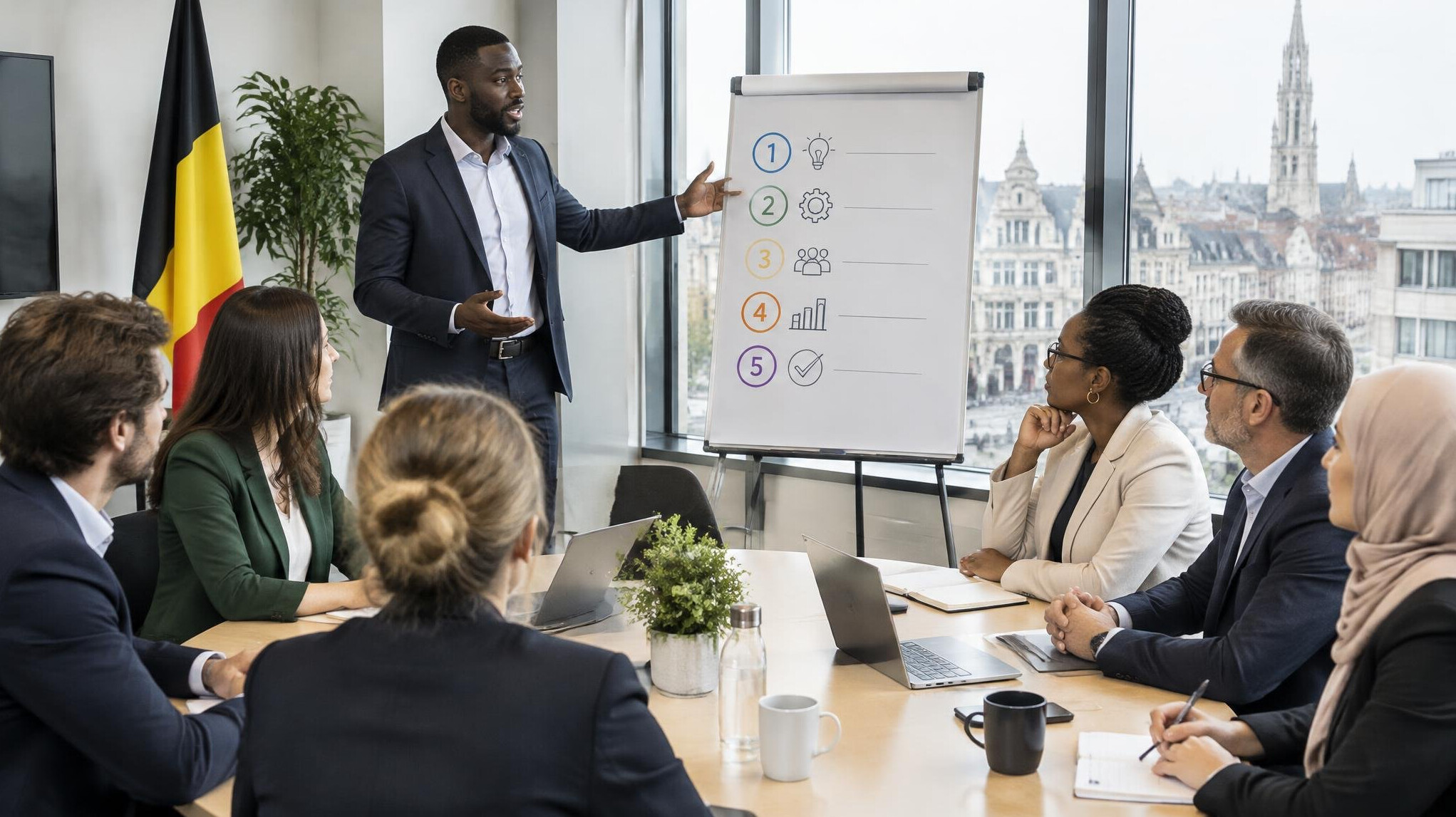 Facilitator guiding a structured strategy meeting with a group